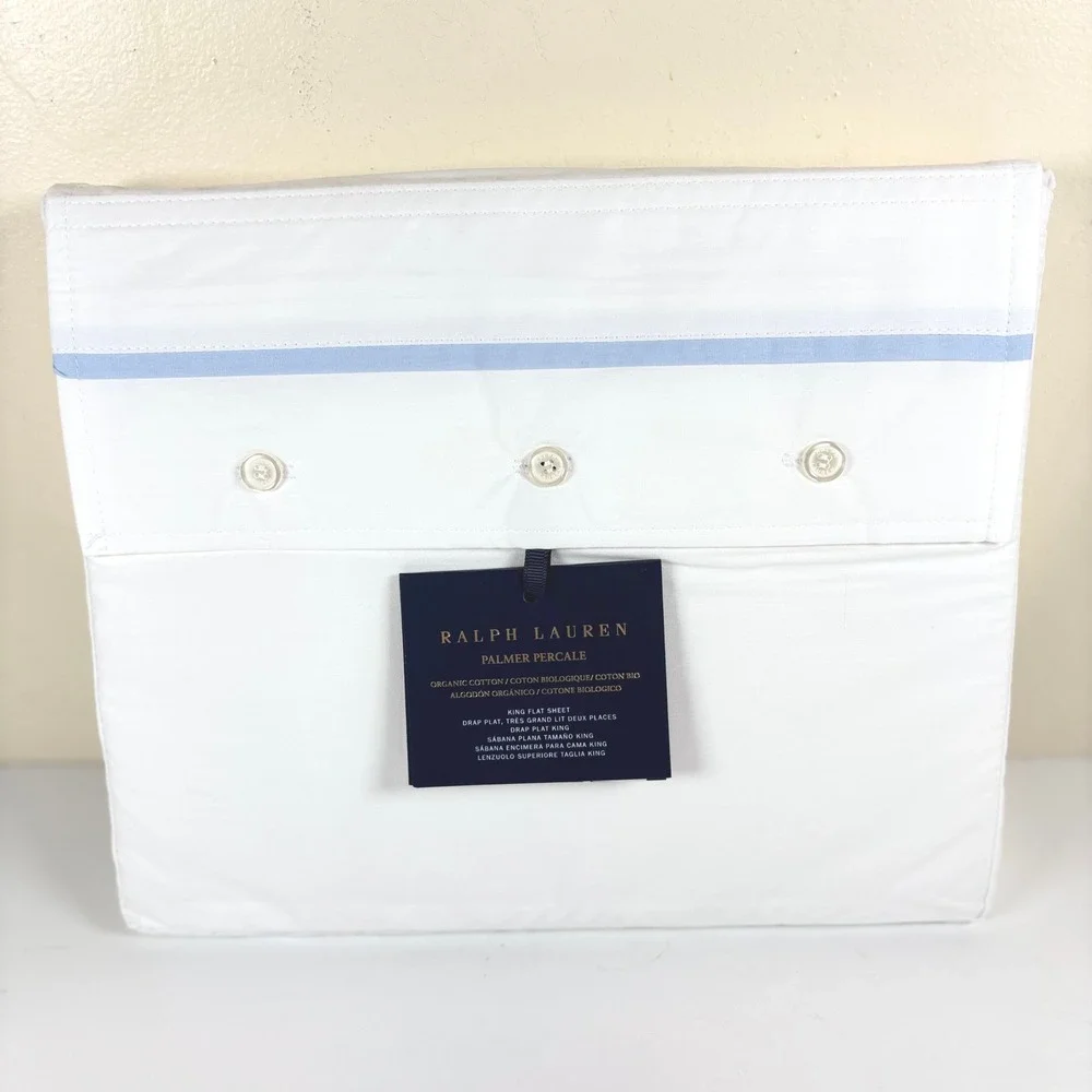 Ralph Lauren Palmer Percale‎ King Flat Sheet Pale Sky Blue Organic Cotton NEW